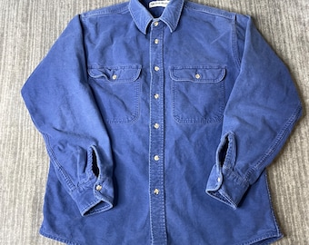 Vintage 1990s Grandin Mountaineering Chamois Shirt – L – Faded Blue Outdoor Workwear Button Up – Heavy Cotton Flannel