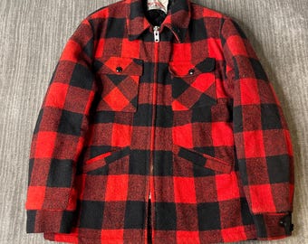 Vintage 1970s Weatherguard Wool Jacket – M – Red Black Buffalo Plaid Zip Coat – Outdoor Hunting Workwear – Lumberjack Style