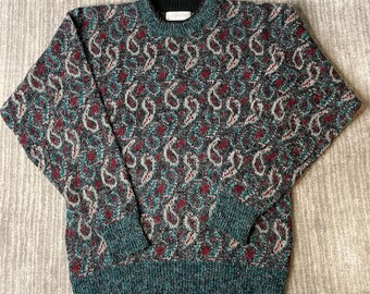 Vintage 1990s J.J. Cochran Sweater – M – Made in USA Abstract Paisley Knit – Teal Burgundy Grandpa Pullover