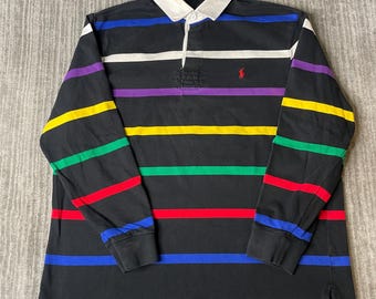 Vintage 1990s Polo by Ralph Lauren Rugby Shirt – L – Black Multicolor Stripe Cotton – Long Sleeve White Collar Preppy Rugby Top