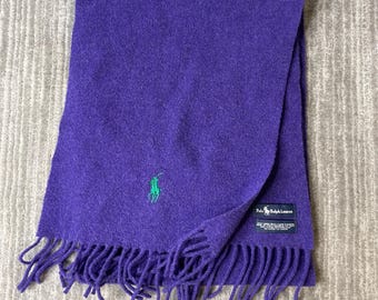 Vintage 1990s Polo Ralph Lauren Wool Scarf – OSFA – Purple Fringe Muffler – Luxury Preppy Winter Accessory