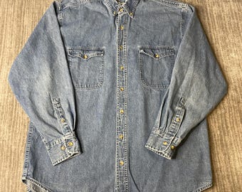 Vintage 1990s NorthCrest Denim Shirt – LT – Faded Blue Button Up – Workwear Western Utility Chambray