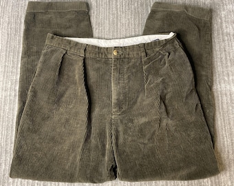 Vintage 1990s Nautica Pants – 34x30 – Olive Green Corduroy Trousers – Pleated Wide Leg Casual Cords