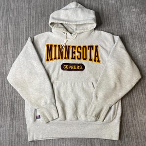 Vintage 1990s Cotton Exchange Minnesota Gophers Hoodie – S – USA Made Collegiate Appliqué Sweatshirt – Gray Heavyweight Pullover