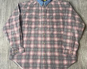 Vintage 1990s Utility Flannel Shirt – L – Plaid Button Up Workwear Faded Grunge Cotton Overshirt