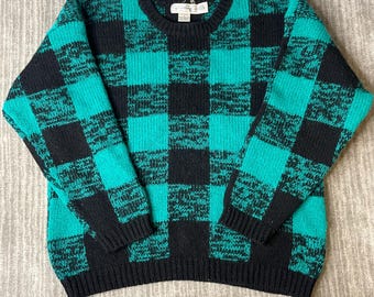 Vintage 1980s Gap Clothing Co Sweater – M – 100% Wool Teal Black Buffalo Check – Chunky Plaid Crewneck Pullover