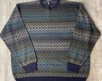 Vintage 1990s Northern Isles Wool Sweater – XL – Fair Isle Nordic Knit – Blue Green Grandpa Ski Lodge Winter Pullover