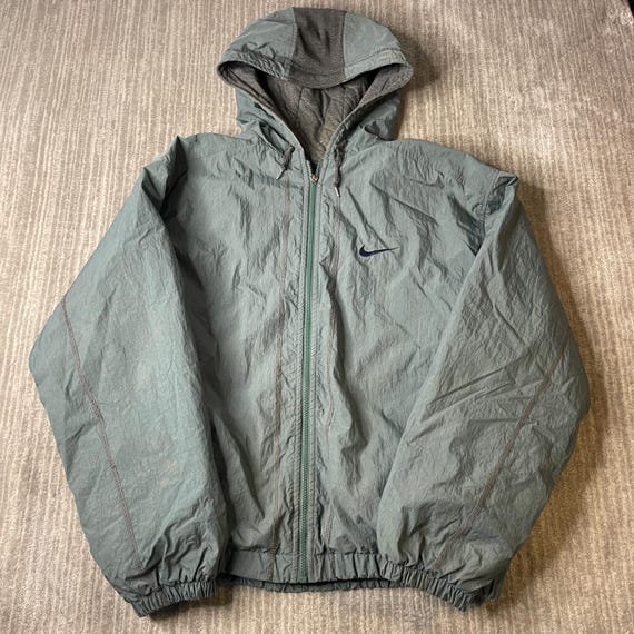 Vintage 1990s Nike Hooded Windbreaker – L – Sage Gray Nylon Jacket – Embroidered Swoosh – Mesh Jersey Lined – 90s Sportswear
