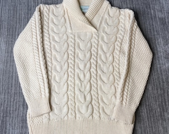 Vintage 1990s Original Aran Co Cable Knit Sweater – S – Irish Fisherman Cream Wool Shawl Collar Knit