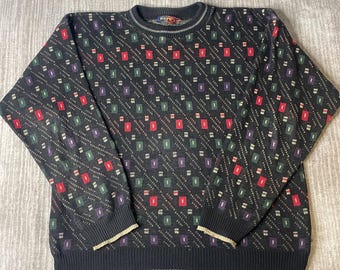 Jersey vintage de Repp Ltd de los años 90 – Talla XL – Jersey de punto con estampado geométrico y cuello redondo texturizado estilo "Abuelo"
