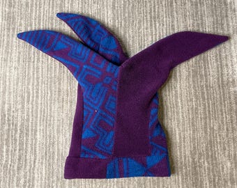 Vintage 1990s Fleece Jester Hat – OSFA – Purple Geometric Winter Cap – Festival Ear Flap Novelty Headwear