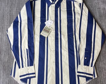 Vintage 1990s Wrangler Brushpopper Western Shirt – XL – NWT Blue White Stripe Pearl Snap – Cowboy Rodeo Long Sleeve Shirt