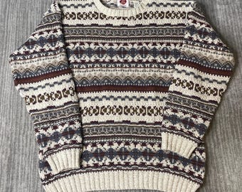 Jersey vintage de los años 90 de Jim A Plum – Talla L – Jersey de punto de algodón Fair Isle, fabricado en EE. UU. Jersey de invierno Nordic Grandpa Core