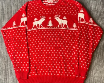Vintage 1980s East Island Sweater – L – Deer Fair Isle Knit Christmas Winter Cottage Core Holiday Jumper