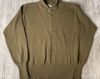 Suéter militar vintage de los años 80 – Talla L (42-44) – Jersey Henley marrón de mezcla de lana – Prenda de punto utilitaria de excedente militar