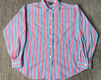 Vintage 90s Lee Button Up Shirt – L – Pink Blue Striped Cotton Shirt – Bold Color Block Preppy Streetwear