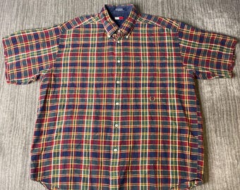 Vintage 1990s Tommy Hilfiger Button Up Shirt – L – Plaid Short Sleeve Oxford – Classic Preppy Americana