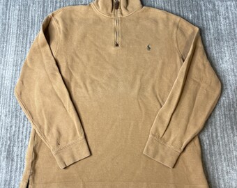 Vintage 2000s Polo Ralph Lauren Quarter Zip – L – Tan Ribbed Cotton Pullover – Minimal Pony Logo – Casual Preppy Sweater