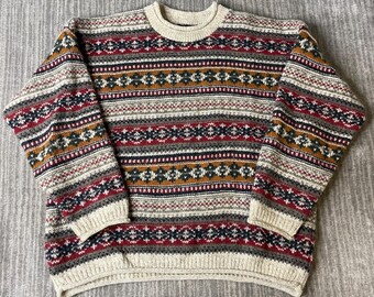 Vintage 1990s American Portrait Wool Sweater – L – Fair Isle Nordic Knit – Made in USA Winter Lodge Jumper
