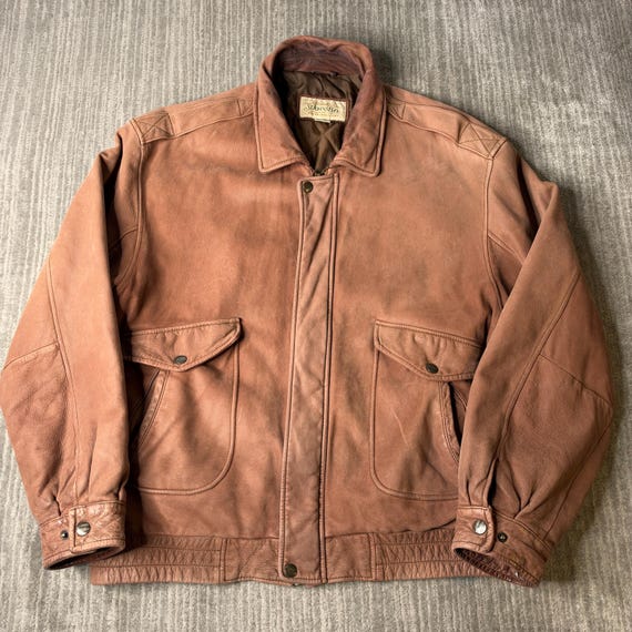 Vintage 90s St Johns Bay Leather Jacket – XL – Distressed Cognac Brown Bomber – Oversized Heritage Workwear Coat