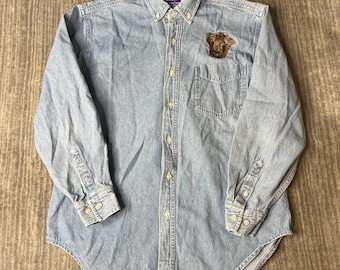 Vintage 1990s NorthCrest Denim Shirt – M 38-40 – Embroidered Bear Patch – Light Wash Cotton Button Up – Cabin Outdoors