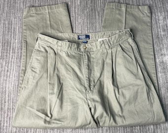 Vintage 1990s Polo Ralph Lauren Khaki Pants – 38x30 – Classic Pleated Chinos – Green Cotton Casual Preppy Trousers
