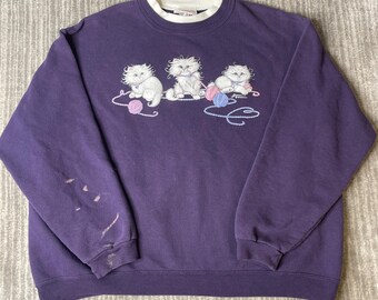 Vintage 1990s Morning Sun Cat Sweatshirt – 1X – Purple Kitten Yarn Graphic Crewneck – Cottagecore Grandma Animal Pullover