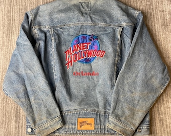 Vintage 1990s Planet Hollywood Denim Jacket – 2XL – 1991 Embroidered Logo – Faded Blue Jean Trucker Jacket – 90s Streetwear