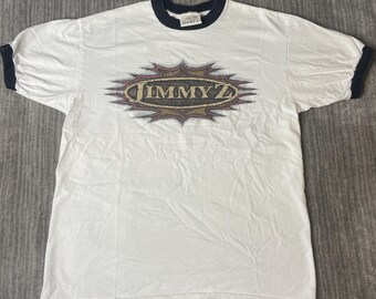 Vintage 1990s Jimmy’Z Ringer T-Shirt – L – Surf Skate Graphic Tee – White Black Contrast Trim – 90s Streetwear – Faded Logo Shirt