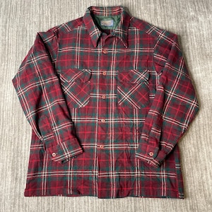 Vintage 1970s Pendleton Wool Shirt Jacket – L – Red Green Plaid Virgin Wool Lined Shacket – Made USA Outdoor Flannel Coat