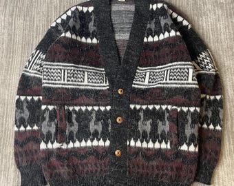 Vintage 1990s Ecuadorian Alpaca Wool Cardigan – XL – Geometric Andean Knit – Fuzzy Shawl Collar – Oversized Grandpa Sweater