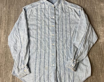 Vintage 1990s Gap Denim Shirt – M – 1997 Acid Wash Striped Button Up – Light Blue Cotton – Band Collar – 90s Grunge Workwear
