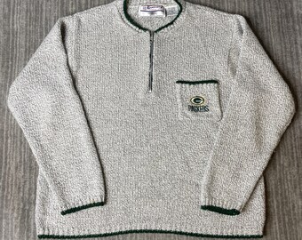 Vintage 1990s Gameday Sweater – S – Green Bay Football Knit Quarter Zip – Cream Green NFL Pullover