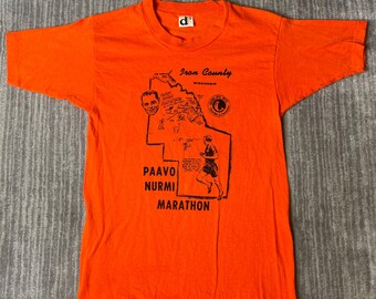 Vintage 1980s Paavo Nurmi Marathon T-Shirt – M – Iron County Wisconsin Orange Running Tee – Hurley Race Souvenir Graphic Shirt