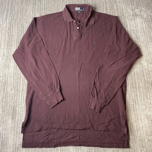 Vintage 1990s Polo Ralph Lauren Long Sleeve Polo Shirt – L – Faded Burgundy Cotton Rugby Prep Shirt – Embroidered Pony