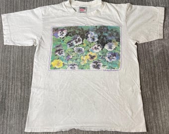 Vintage 1990s Oneita Pansy Floral Graphic T Shirt – L – Watercolor Flower Art Tee – Cottagecore Garden Shirt