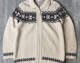 Vintage 1990s Majrices Wool Cardigan – S – Shetland Fair Isle Zip Sweater – Nordic Cottage Knit Jacket