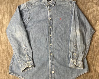Vintage 1990s Ralph Lauren Denim Shirt – XL – Made in USA Light Wash Cotton Button Down – Red Pony Preppy Jean Shirt