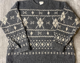 Vintage 1990s Coldwater Creek Wool Ski Sweater – XL – Made in USA Gray Nordic Fair Isle Knit – Winter Lodge Grandpa Pullover