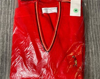Jersey de lana de cordero Johnnie Walker vintage de los años 90 – Talla M – Cuello en V rojo – Jersey de golf de lana premium fabricado en Escocia