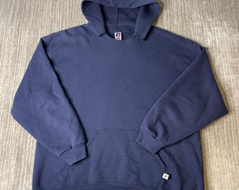 Vintage 1990s Russell Athletic Hoodie – XXL – Navy Blank Pullover Sweatshirt – Made in Mexico Heavyweight Basic