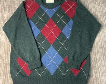 Suéter vintage de lana Quill's Market, años 90 (talla L), tejido de rombos de lana irlandesa, jersey clásico de invierno.