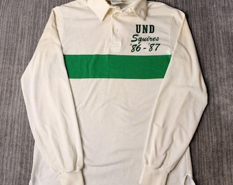 Vintage 1980s Willow Pointe Rugby Shirt M – UND Squires 86 87 – Cream Green Stripe College Polo – Made in USA Preppy Sportswear