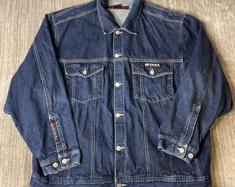 Chaqueta vaquera Avirex vintage de los años 90 – Talla 3XL – Chaqueta vaquera estilo camionero de lavado oscuro, estilo hip hop urbano, extragrande