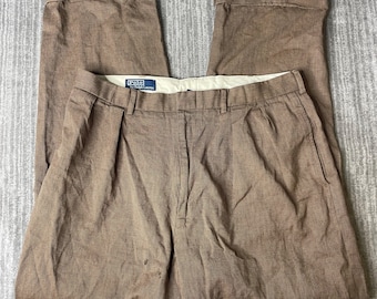 Vintage 1990s Polo Ralph Lauren Pleated Pants – 36x30 – Brown Microcheck Cotton Trousers – Cuffed Preppy Dress Pants