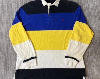 Vintage 1990s Polo Ralph Lauren Rugby Shirt – M – Blue Yellow Striped Cotton Long Sleeve Collared Top