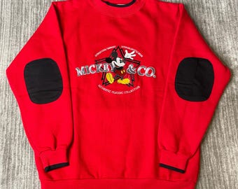 Vintage 1990s Disney Sweatshirt – M – Red Mickey & Co Embroidered Crewneck – Elbow Patch Cartoon Pullover
