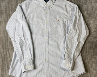 Vintage 2000s Ralph Lauren Button Down Shirt – L – Blue White Striped Oxford – Custom Fit Preppy Dress Shirt