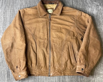 Chaqueta de cuero vintage de St. John's Bay de los años 90 – Talla L – Chaqueta bomber color camel con cremallera, de cuero envejecido, estilo casual, fabricada en EE. UU.