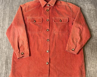 Vintage 1990s Lizsport Corduroy Shirt Jacket – Women's L – Coral Wide Wale Chore Coat Button Front Overshirt
